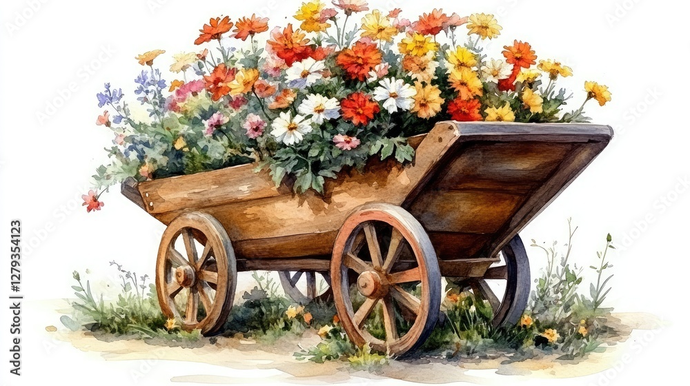 A garden wheelbarrow with flowers, Wheelbarrow with watercolor Flowers clipart. Digital Watercolor Clipart. A garden wheelbarrow with flowers, Wheelbarrow with watercolor Flowers clipart. Digital Watercolor Clipart.