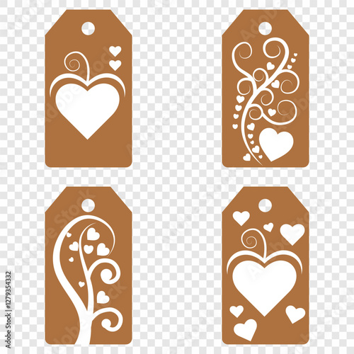 Set blank white paper price tags or gift tags. Set of gift or price tags shapes with hearts and love. Vector templates for cutting. Valentine's Day tag stencils. Mock up paper price tags or gift tags