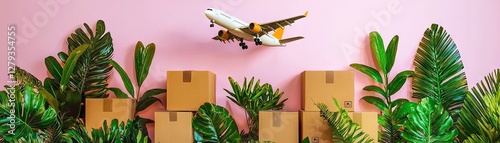 Airplane delivery boxes green plants pink background photo