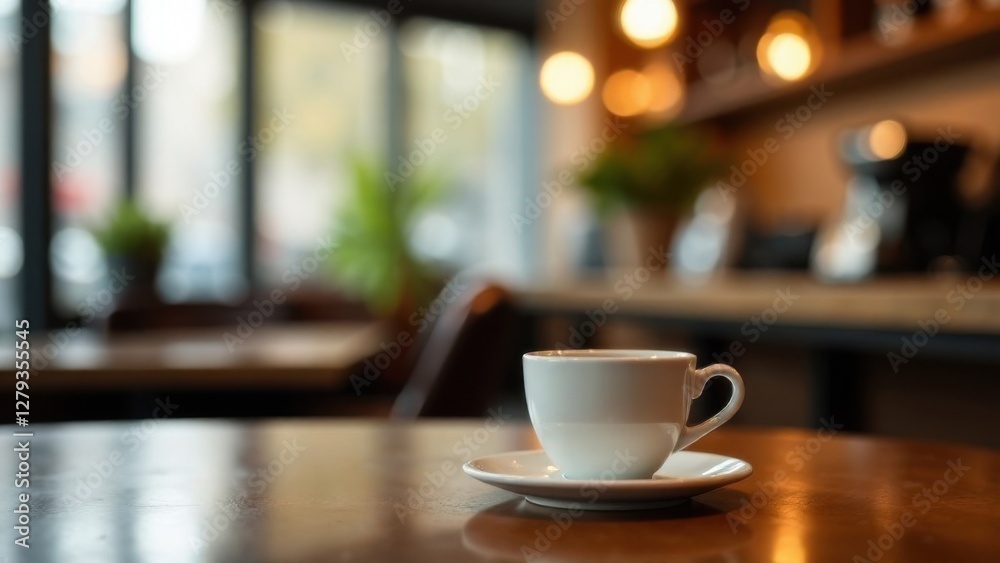 a white cup of coffee on a white saucer in a cafe against the background of a modern interior a white cup of coffee on a white saucer in a cafe against the background of a modern interior