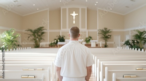 Man in a white shirt stands in the center aisle of a bright church sanctuary looking towards the cross.