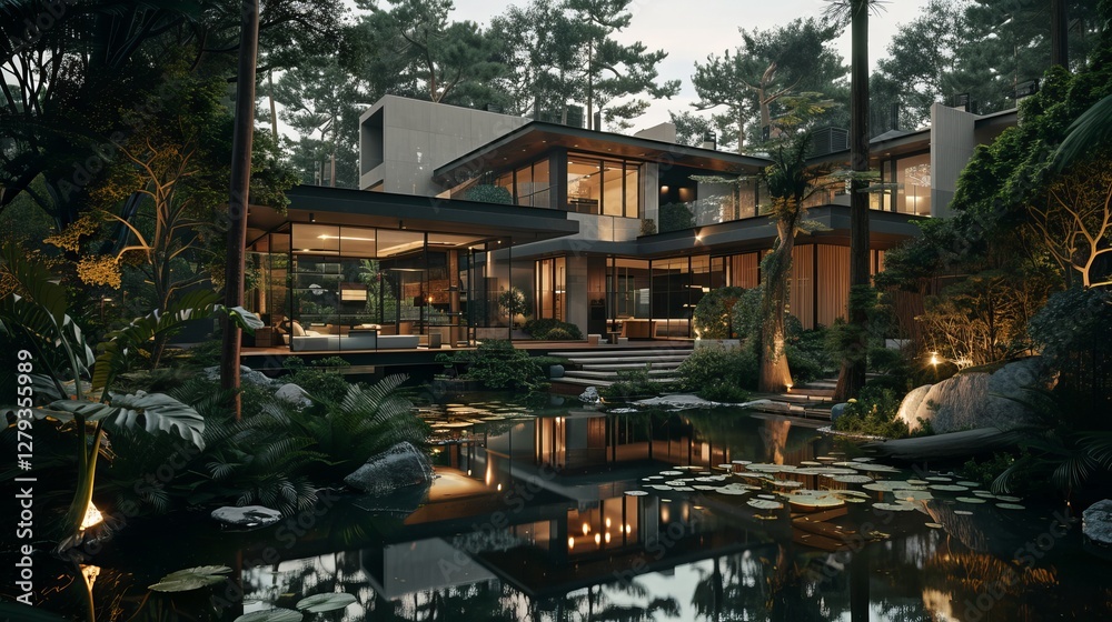 Fototapeta premium A stunning modern house surrounded by lush greenery and a serene pond, creating a tranquil escape at dusk.