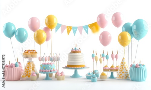 3D Birthday Party Set with Balloons, Cakes, and Decorations on White Background