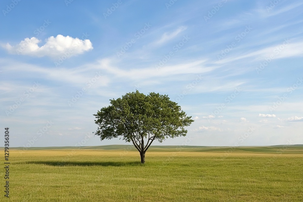 Obraz premium Lone tree standing amidst vast grassy landscape under a clear blue sky during daytime