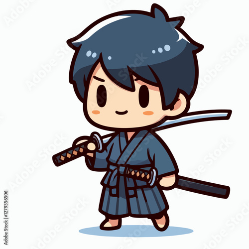cartoon vector illustration of a person carrying a katana