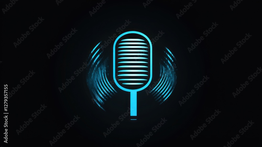 Neon Blue Microphone Icon: Digital Audio Recording Concept Neon Blue Microphone Icon: Digital Audio Recording Concept