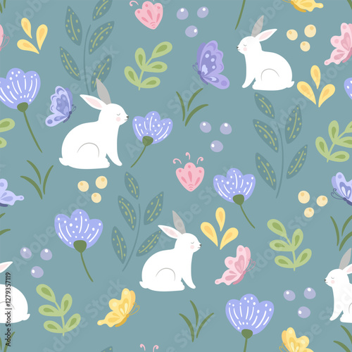 Seamless pattern of rabbit, butterflies and flowers. Happy easter print