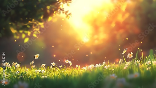 Golden Sunrise Through the Trees: A Serene Morning Scene with Sunbeams Filtering Through Leaves and Wildflowers in a Meadow