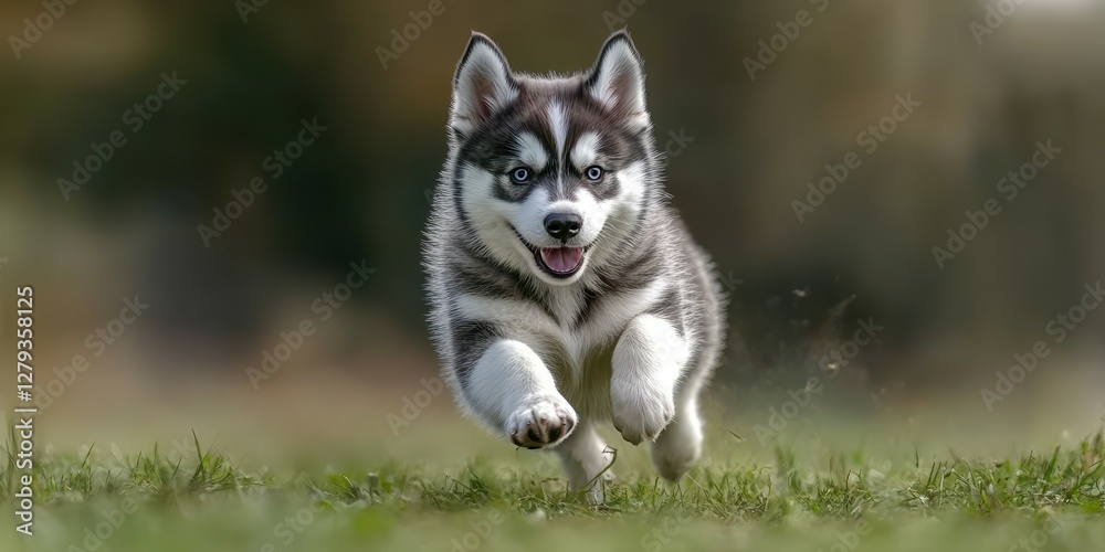 Siberian husky puppy joyfully running on green grass during sunny day in outdoor park Siberian husky puppy joyfully running on green grass during sunny day in outdoor park