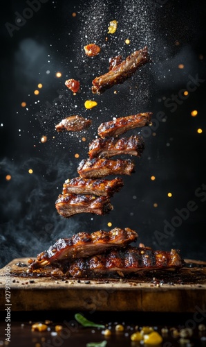 Delicious levitating grilled bbq ribs on rustic background