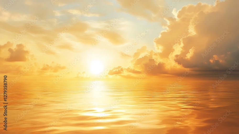 Obraz premium Glimmering Horizon: A Radiant Sunrise Paints the Ocean in Hues of Gold, Orange, and White, Kissing the Undulating Waves with Light