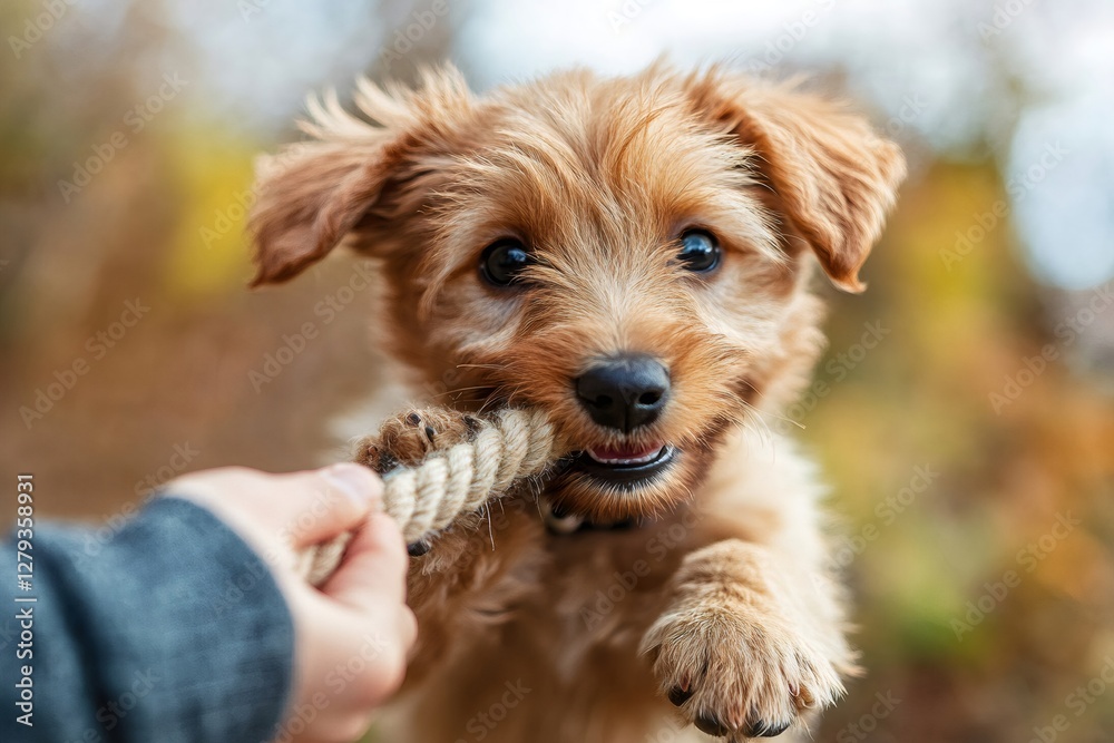 Adorable puppy biting rope playing with owner in autumn park Adorable puppy biting rope playing with owner in autumn park