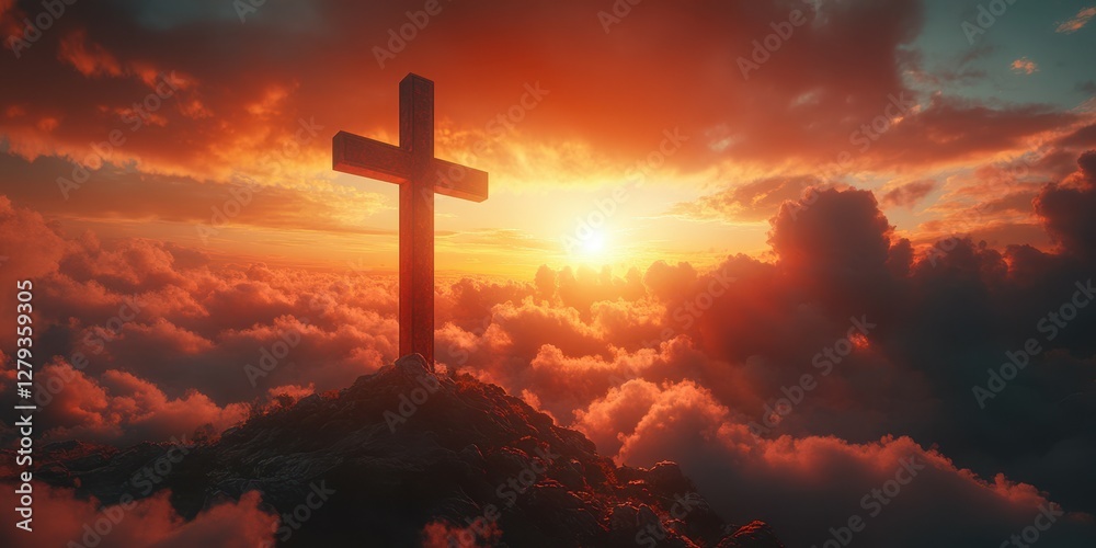 Sunrise over clouds with a wooden cross symbolizing hope and faith on a mountaintop Sunrise over clouds with a wooden cross symbolizing hope and faith on a mountaintop