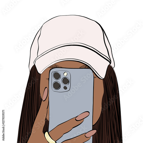 Woman Holding a Smartphone Wearing a White Cap