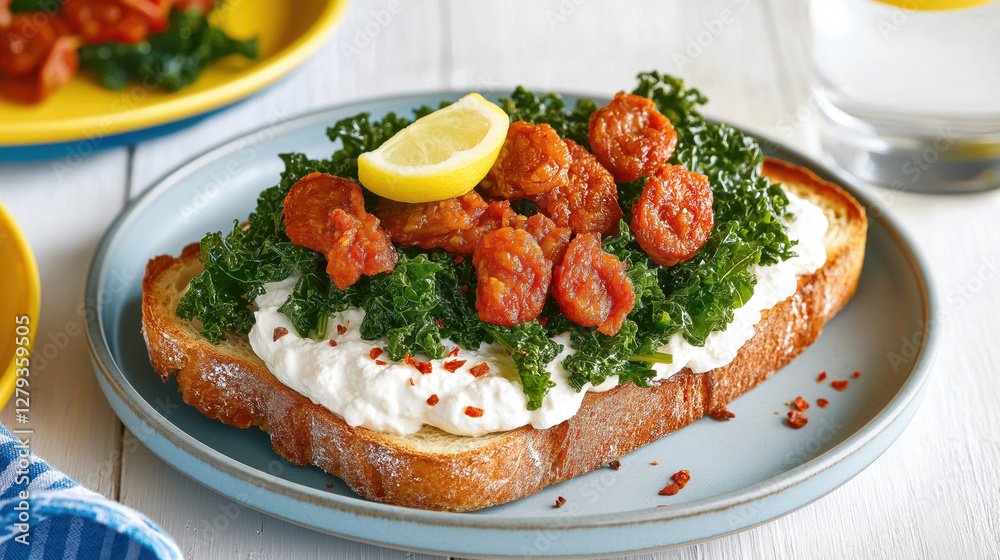 Crispy kale and chorizo on sourdough toast with ricotta and lemon Crispy kale and chorizo on sourdough toast with ricotta and lemon