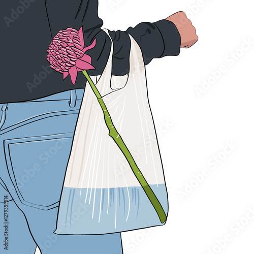 Woman Carrying a Plastic Bag with a Pink Flower