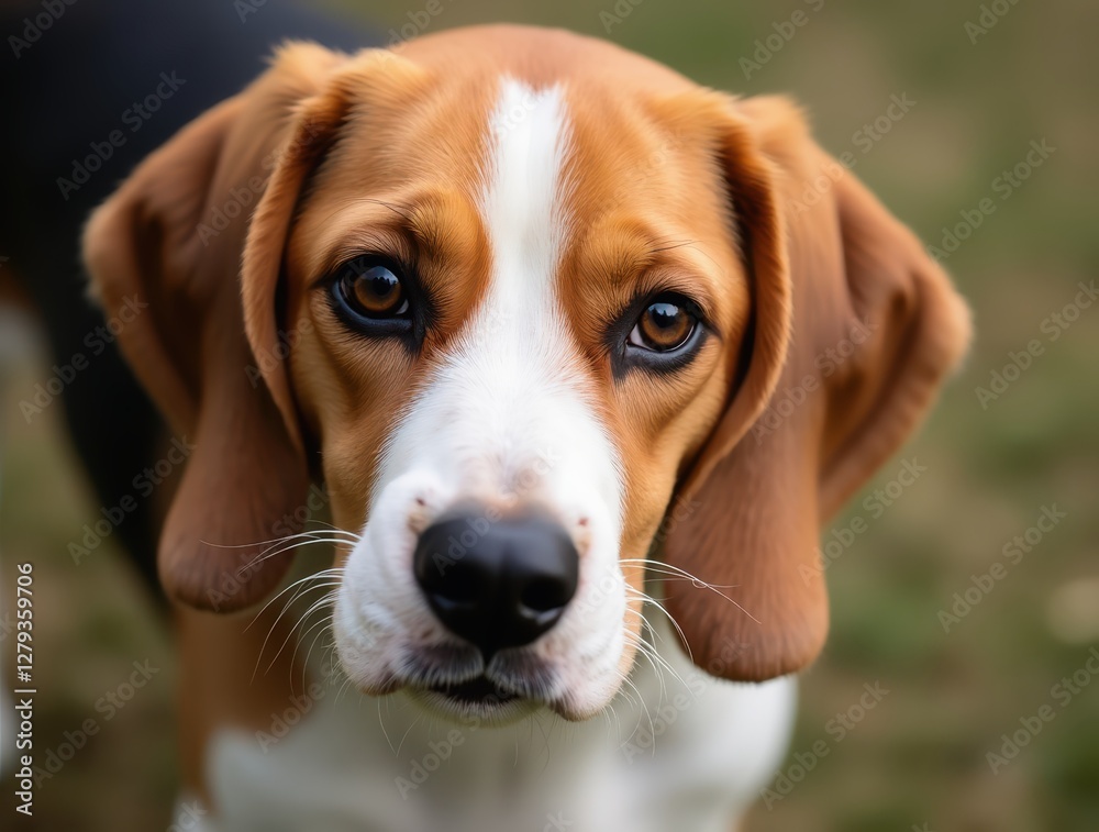 Portrait of beagle dog looking with its floppy ears and curious sniffing nose Portrait of beagle dog looking with its floppy ears and curious sniffing nose