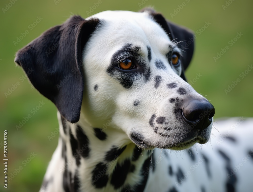 Dalmatian dog posing in a green field with floppy ears and attentive gaze Dalmatian dog posing in a green field with floppy ears and attentive gaze