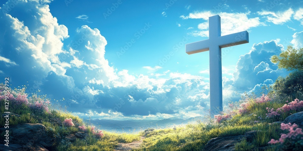Scenic landscape with a towering cross amidst flowers and clouds under bright blue sky Scenic landscape with a towering cross amidst flowers and clouds under bright blue sky