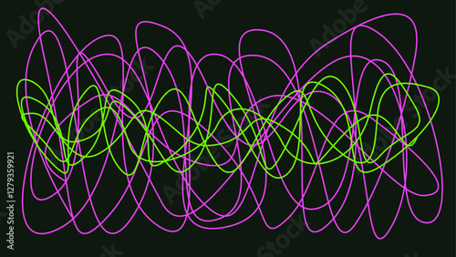 Bright neon violet green line on black background. Abstract purple pink wave. Glitch Art trippy digital screen. Backdrop. Tech banner. Template. Creative flyer. Data card. Psychological test. Emotion.