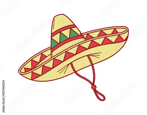 colorful mexican sombrero hat with red and green patterns, featuring a wide brim and a chin strap, isolated on a white background