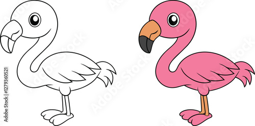 Cute coloring page for kids. Flamingo cute vector illustration cartoon isolated on white background. Flamingo vector colored and colorless.	