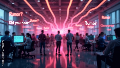 Artistic rumor visualization with glowing lines connecting people in abstract office space  photo