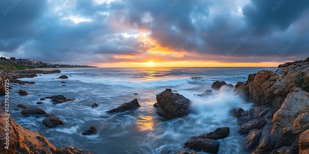 Majestic Ocean Sunset: Golden Hour at the Rocky Coastline with Dramatic Clouds and Crashing Waves Majestic Ocean Sunset: Golden Hour at the Rocky Coastline with Dramatic Clouds and Crashing Waves