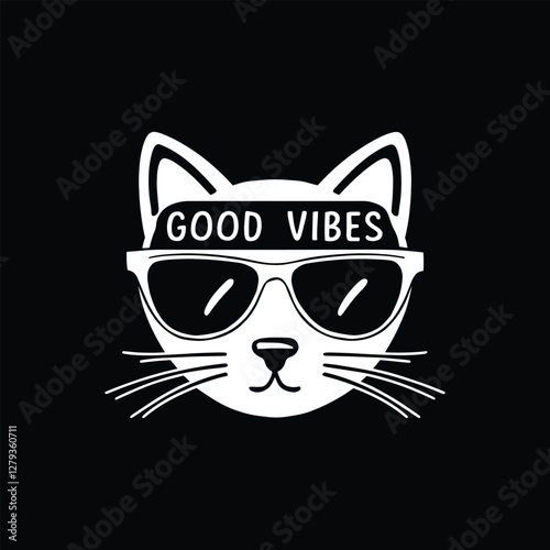 Cute good vibes cat wearing sunglasses vector illustration.