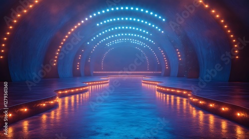 Blue neon lit performance stage with curved design high resolution hd photo