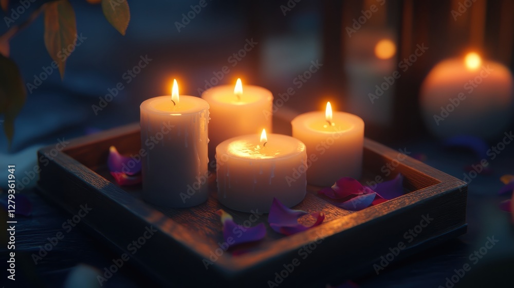 Softly Glowing Candles on a Wooden Tray Softly Glowing Candles on a Wooden Tray