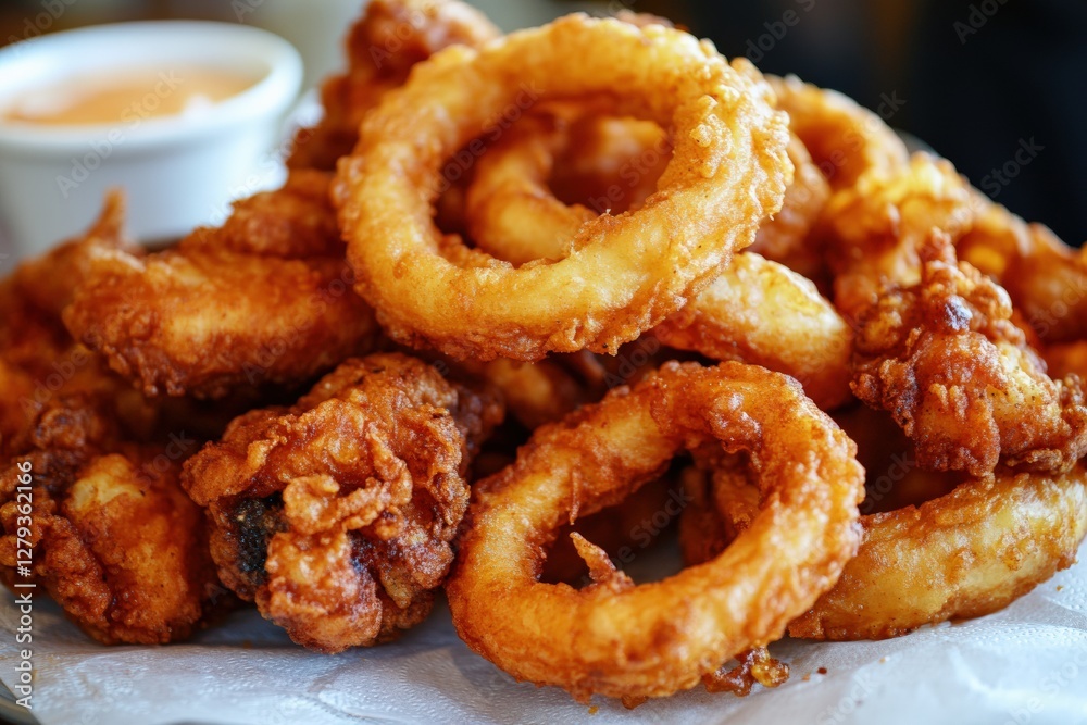 Pile of assorted fried foods including crispy onion rings and flavorful chicken pieces. Generative AI