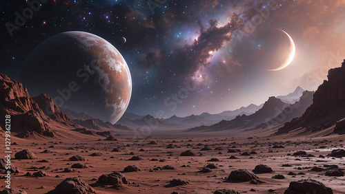 An alien planet's breathtaking sunset under a vibrant nebula, a crescent moon, and a colossal planet casting long shadows across the rusty, rocky terrain.