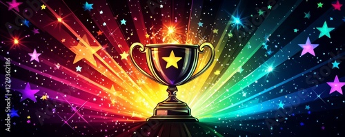 A shining trophy cup overflows with colorful beams and stars, highlighting the text AND THE WINNER IS, signifying celebration and announcement of a
