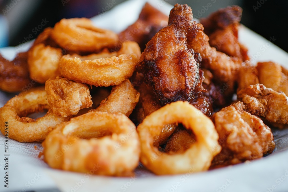 Crispy fried food piled high with onion rings and golden brown chicken pieces. Generative AI Crispy fried food piled high with onion rings and golden brown chicken pieces. Generative AI