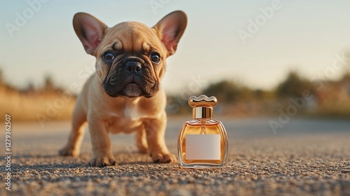 Low-angle advertisement image featuring a French Bulldog puppy with a bottle of parfume for dogs. 