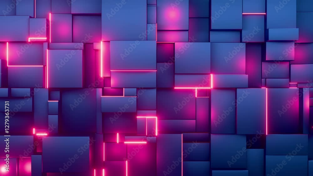 Abstract 3D geometric background featuring blue cubes with glowing pink neon lines, creating a futuristic and cyberpunk-inspired visual effect.