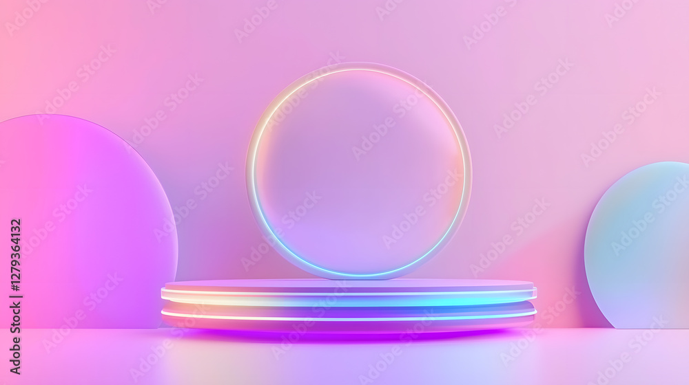 Obraz premium Dynamic neon circles abstract studio digital art colorful background front view modern design concepts