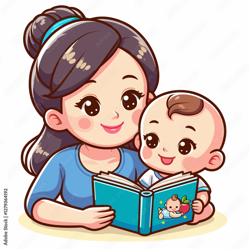 Delightful vector illustration of a mother reading a book to smiling baby for mother care concept Delightful vector illustration of a mother reading a book to smiling baby for mother care concept