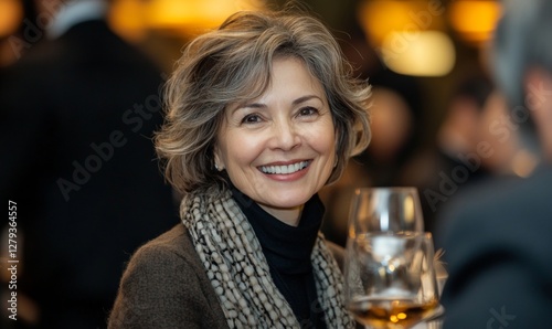 Joyful woman enjoying a lively conversation at a sophisticated evening networking event with professionals engaging in background discussions