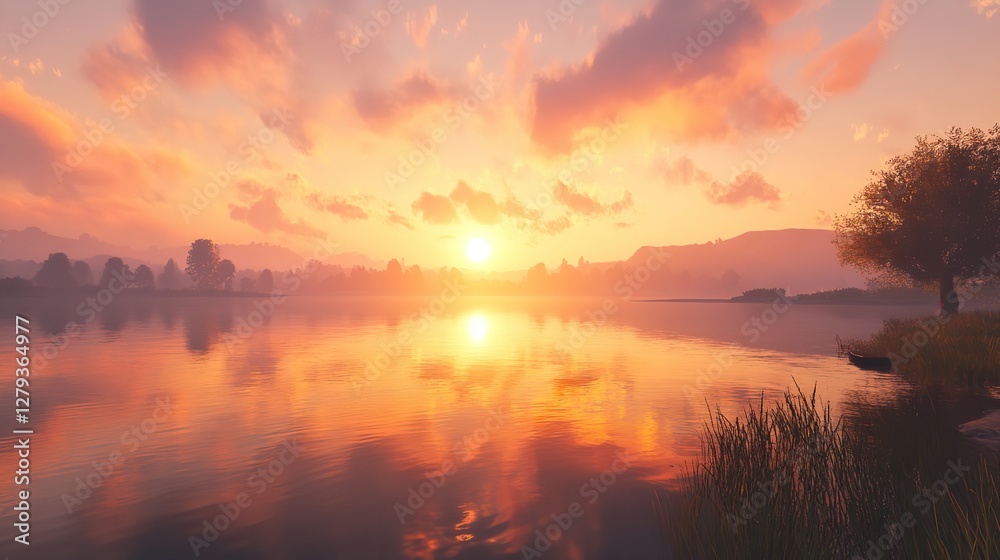 Golden Sunset Reflecting Over a Tranquil Lake with Vibrant Sky Colors Golden Sunset Reflecting Over a Tranquil Lake with Vibrant Sky Colors