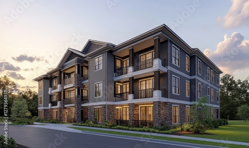 Architectural Visualization Using BIM Technology: Modern Multi-Story Building Design Rendered in Digital 3D Modeling at Twilight