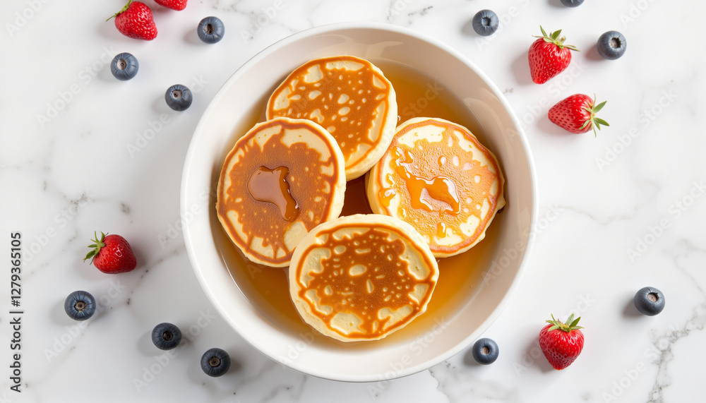 Delicious pancakes with syrup and fresh berries in a bowl Delicious pancakes with syrup and fresh berries in a bowl