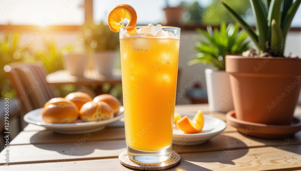 Fototapeta premium Fresh orange drink with ice and slice on wooden table