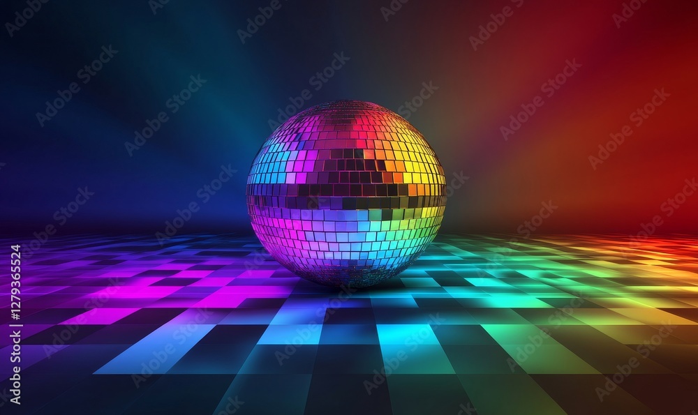 Obraz premium Vibrant Disco Mirror Ball Illuminated in Colorful Nightclub Setting, Reflecting Party Atmosphere on the Dance Floor