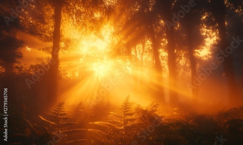 Enchanting Sunrise Through Misty Forest with Lush Ferns and Tall Trees, Warm Golden Light, Serene Nature Scene, Tranquil Morning Atmosphere, Ideal for