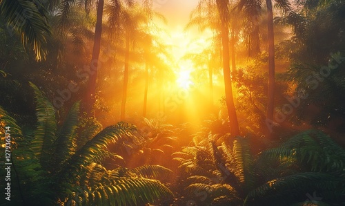 Enchanting Sunrise Through Misty Forest with Lush Ferns and Tall Trees, Warm Golden Light, Serene Nature Scene, Tranquil Morning Atmosphere, Ideal for