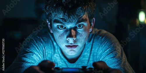 Excited young gamer with intense expression playing video games in a dark room illuminated by screen glow, the epitome of immersive gaming experience