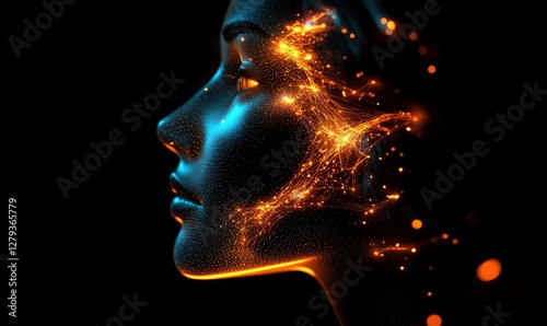 Futuristic Side Profile of Human Face with Glowing Neon Network Nodes and Pathways on Dark Background, Concept of Artificial Intelligence, Technology