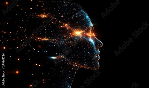 Futuristic Side Profile of Human Face with Glowing Neon Network Nodes and Pathways on Dark Background, Concept of Artificial Intelligence, Technology